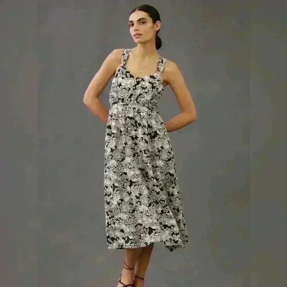 Anthropologie Dresses & Skirts - Nwt Anthropologie black floral cut out dress midi XSMALL PETITE